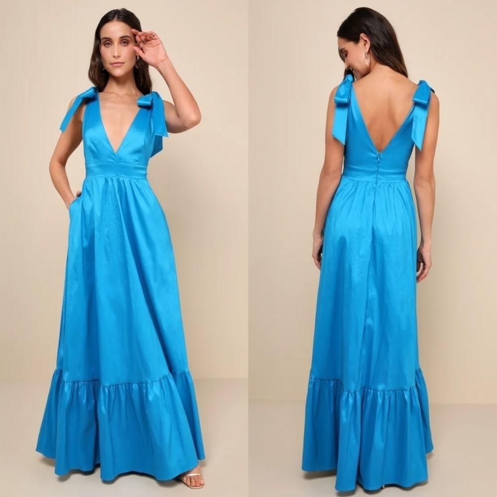 Lulus Rare Charm Teal Blue Taffeta Tie-Strap Maxi Dress With Pockets M Wedding